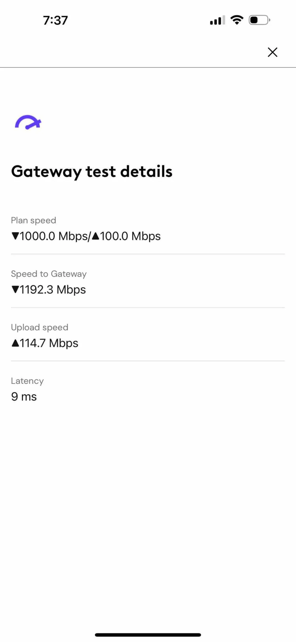 A close-up of an internet speed test showing gigabit upload and download speeds, with clear details of latency and network reliability. The display reflects a tech-forward, connected environment ideal for streaming, gaming, and remote work.